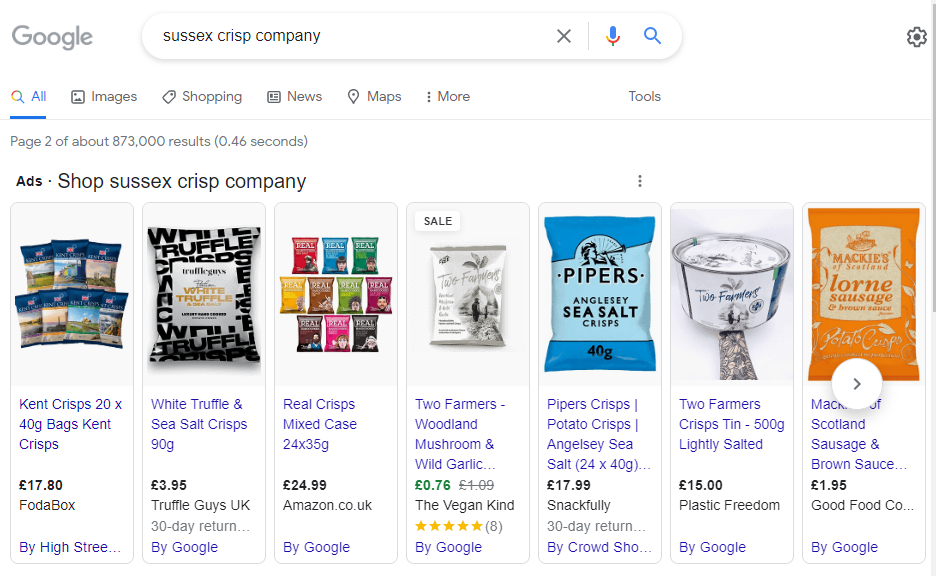 Google Shopping Ads results for "sussex crisp company"